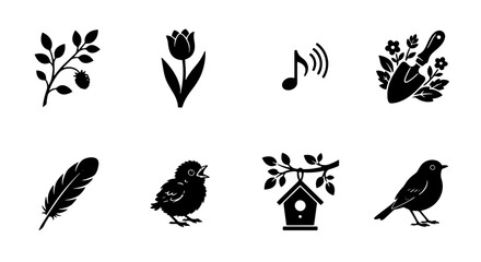 Fototapeta premium Spring Garden Icons Set, Birdhouse, Tulip, Feather, Music Note, Branch with Berries, Sprout, Chick, Trowel, Nature Elements, Black Silhouette Vector Graphics