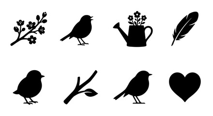 Fototapeta premium Charming Bird Silhouettes Collection, Spring Branch Icons, Watering Can and Feather Graphics, Heart Symbol Vector Set