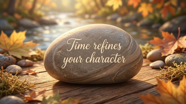 Inspirational quote 'Time refines your character' inscribed on a smooth stone, set in a serene autumn nature scene with a flowing stream and fallen le