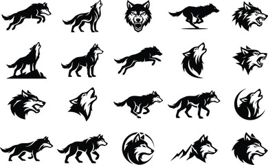 Obraz premium Set of black and white wolf vector silhouettes
