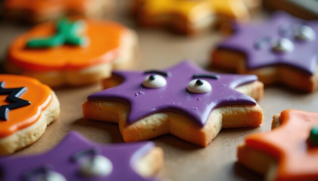star cookies iced sugar cookies in purple and orange star shapes on baking tray with decorative royal icing and candy eyes, closeup shallow depth of field, warm kitchen lighting,
