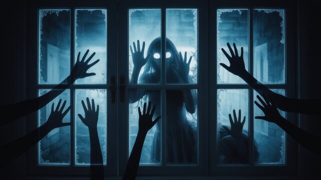 Terrifying ghost with glowing eyes and reaching hands behind a frosty window in a horror scene