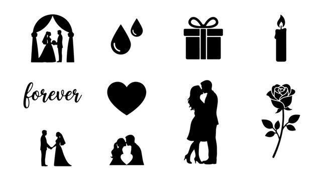 Romantic Wedding and Love Icons Set, Silhouette Couple Embrace, Rose, Heart, Gift, Candle, Forever Text, Vector Graphic Elements for Celebration Design
