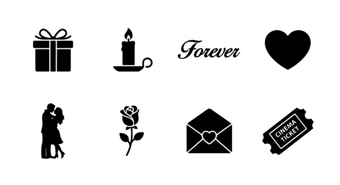 Romantic Love Icons Set: Gift, Candle, Forever Text, Heart, Couple Kissing, Rose, Envelope, Cinema Ticket, Black Silhouette Graphics for Valentine's Day and Celebrations