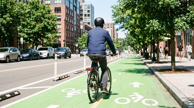 A person wearing a helmet riding a bicycle on a designated green city bike lane.