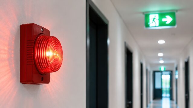 Glowing red fire alarm with emergency exit sign in a modern corridor representing fire safety, evacuation, emergency warning, escape routes and workplace protection.