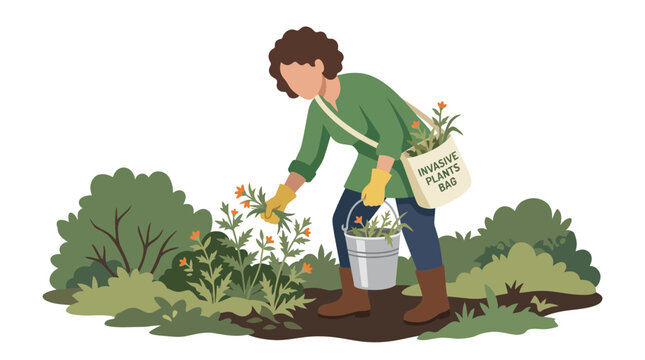 Woman Removing Invasive Plants in Garden Illustration