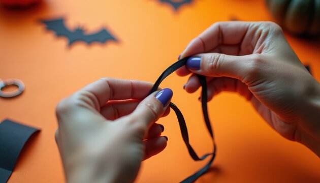 halloween craft hands tying black ribbon around paper ring with pumpkin and bat cutouts on orange background, halloween craft shows scissors, washi tape,