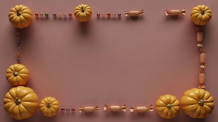 Fototapeta premium A festive halloween border made of small pumpkins and wrapped candies arranged on a simple solid brown background surface