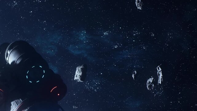 A spacecraft moves through space while observing various asteroids floating in the dark. This scene captures the vastness of space and the exploration effort by the crew.