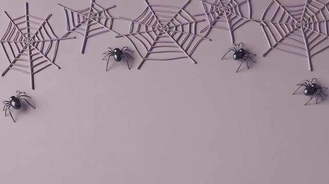 Top border made of spooky spider webs and small black spiders on a light purple background for halloween celebrations