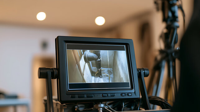 Professional video production monitor display showing a plumbing inspection camera view inside a pipe channel during maintenance work setup