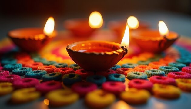 diwali diyas glowing on traditional colorful rangoli with clay oil lamps and marigold petals, diwali diyas arranged in circular decorative pattern on festive floor,