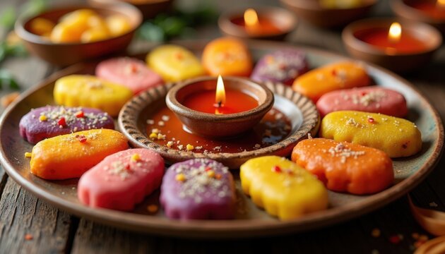 diwali sweets with lit clay diya and colorful peda arranged on brass plate, diwali sweets showcase aromatic Indian mithai, warm glowing candlelight and decorative sesame garnishes,