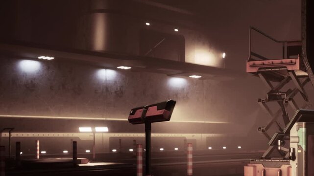 People wait for trains at a busy station. The area is lit with bright lights. Equipment is seen in the background. The atmosphere is active and lively.