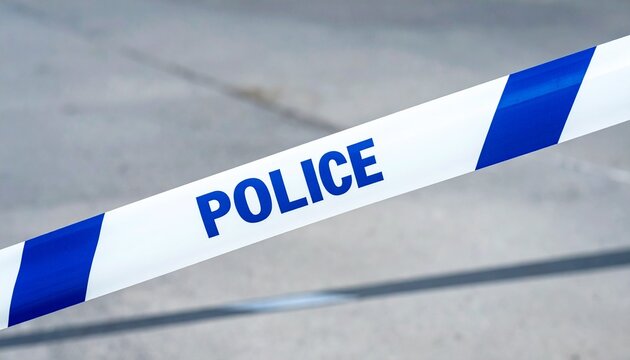 Police Barrier Tape Securing a Crime Scene or Restricted Area with Blue Lettering