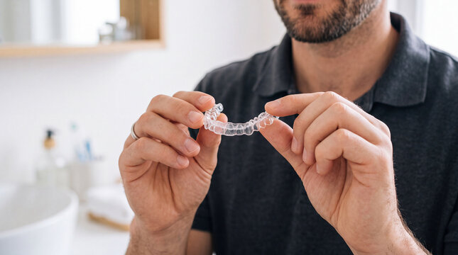 Man holding invisible aligner orthodontic retainer for dental teeth straightening close-up