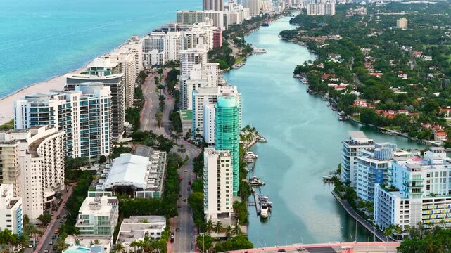 Aerial footage mid beach Miami with views of highrise condominiums along Indian Creek