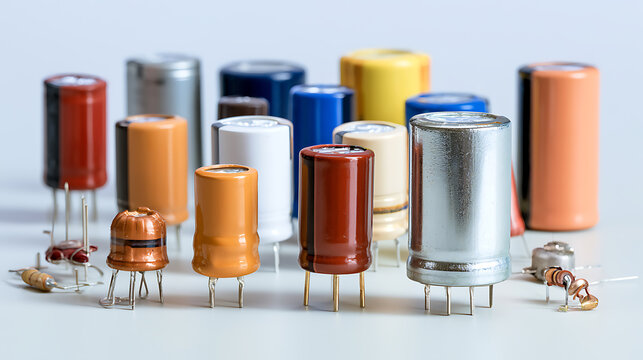 A colorful collection of various electronic components and capacitors arranged on a bright surface for hardware repair and design work