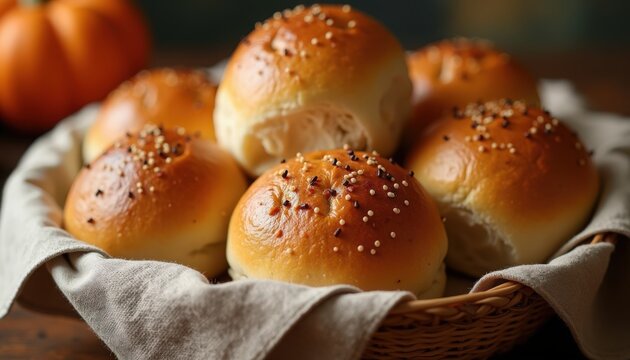 Dinner rolls in woven basket with sesame and poppy seeds, warm golden brioche buns on linen, pumpkins and autumn props in soft background, bakery scene for menu, packaging, advertising,