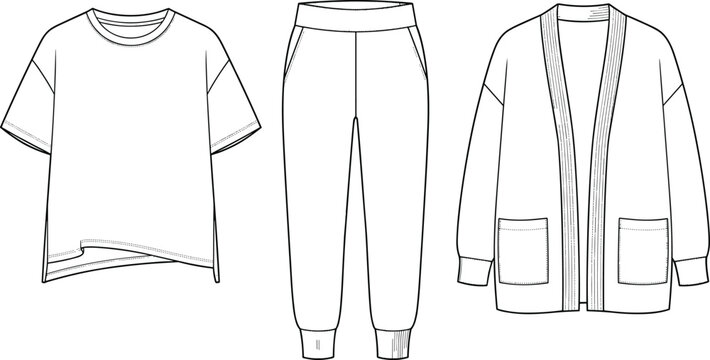 Technical fashion flat sketch template of women's loungewear set with t-shirt, joggers, and cardigan