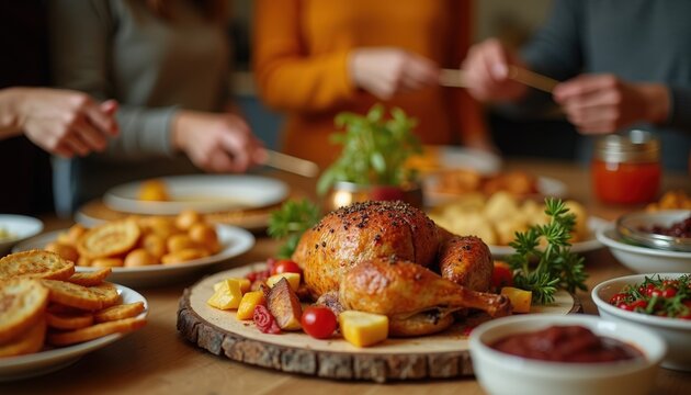 Roast chicken on festive dinner table with golden whole bird and herb garnish, roast chicken surrounded by roasted potatoes, grilled vegetables, sauces and family hands carving and serving,