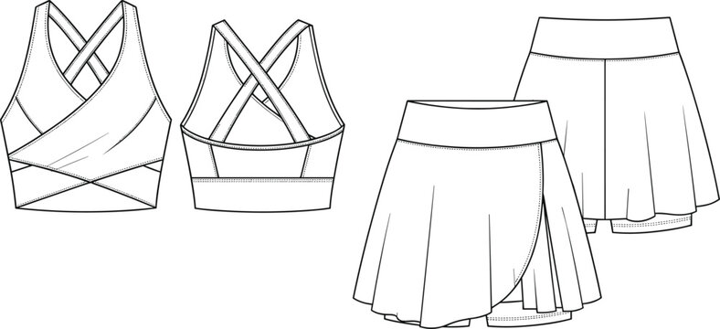 Women's activewear wrap sports bra and skort set technical fashion flat sketch front and back view