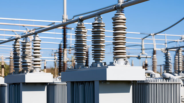 Industrial electric power substation infrastructure with high voltage ceramic porcelain insulators and metal structures under a blue sky background