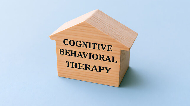 A wooden house model with text cognitive behavioral therapy written on the front surface isolated on a clean light blue background