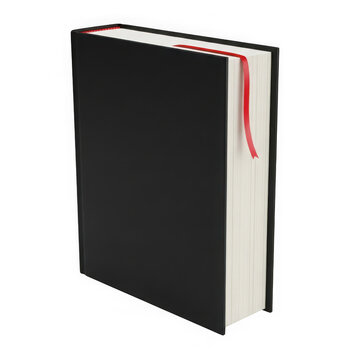A single closed thick black book with a red bookmark ribbon standing upright