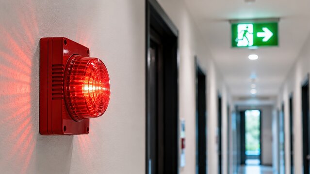 Illuminated red fire warning beacon in an office hallway with evacuation sign representing emergency alarms, workplace safety, fire protection and disaster preparedness.