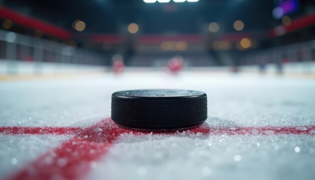 Hockey puck on ice rink close up, textured black hockey puck resting on frosty red faceoff circle with scattered ice crystals, blurred skaters and arena lights framing intense game action,