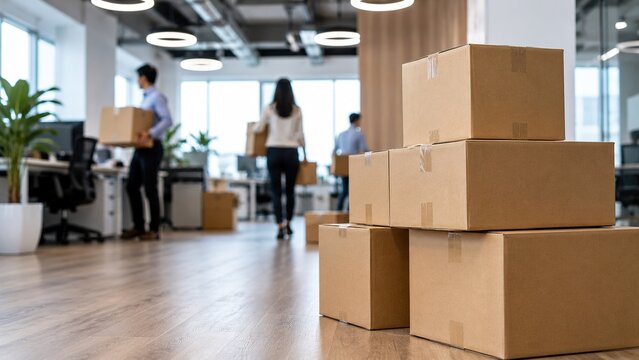 Cardboard moving boxes in a modern office with employees relocating workplace equipment, representing office relocation, business moving, packing and corporate transition.