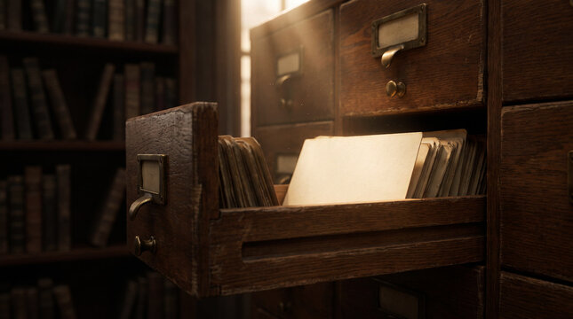 Open Vintage Library Card Catalog Drawer with Blank Index Cards in Warm Light
