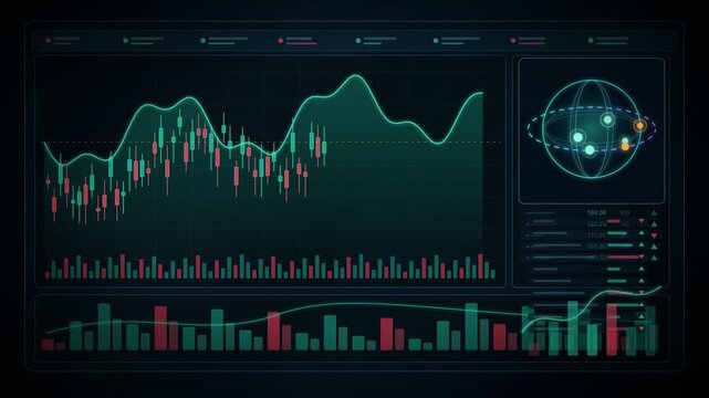 Futuristic global stock market trading dashboard displaying real-time financial data, candlestick charts, investment analysis and changing market trends.