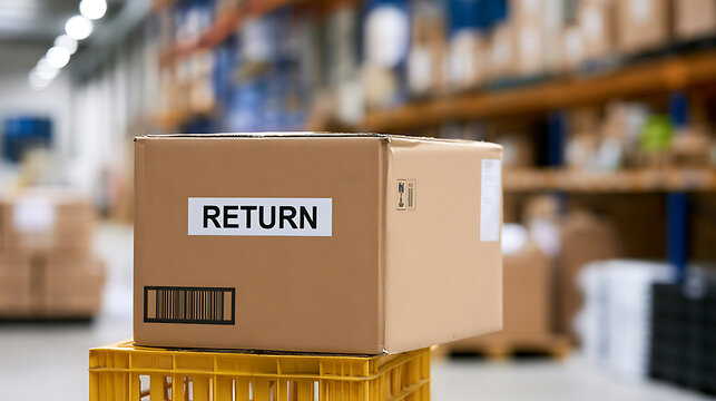 Return package box in large warehouse fulfillment center with blur background shelf rack stock product delivery commerce logistics storage order