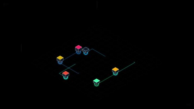 Minimalist isometric puzzle game interface with colorful glowing cubes and connecting lines on a dark grid background