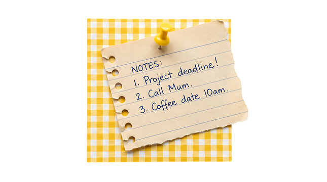 A handwritten note on a yellow checkered paper pinned with a yellow pushpin isolated on white background transparent background