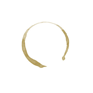 Thin circular dried coffee ring stain isolated on white background, light espresso cup mark brush design
