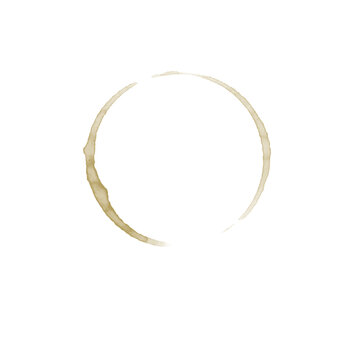 Faint coffee ring residue stain isolated on white background, liquid cup mark espresso blot brush texture