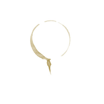 Circular coffee stain splash ring with drip tail isolated on white background, espresso blot brush design texture