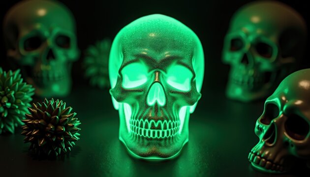 Glowing skulls on dark reflective surface with neon green illumination, multiple human skull props, textured bone details and spiky viral spheres, moody low key horror lighting,