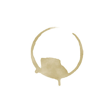 Circular coffee cup ring stain with drip isolated on white background, espresso splash blot brush design