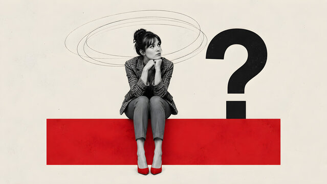 Confused businesswoman sitting beside a large question mark, representing uncertainty, difficult decisions, problem solving, doubt and strategic thinking