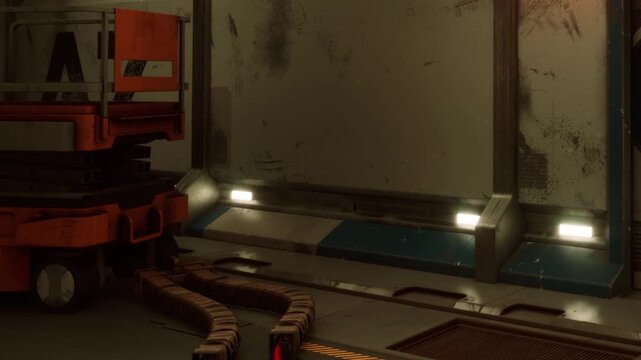 The scene shows a section of an industrial environment. There are light fixtures along the wall. Machinery and tools are nearby on the floor. The wall has dirt and marks.