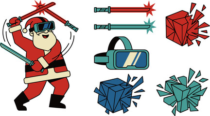 Naklejka premium Santa Claus playing virtual reality sword game chopping red and blue laser cubes.