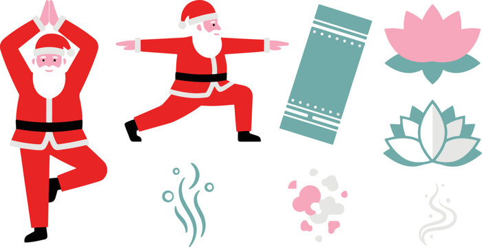 Yoga santa claus collection with lotus flowers and fitness mat in red and green.