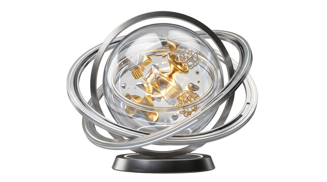Futuristic silver gyroscope with glass sphere, metallic orbital rings on white background, luxury gold core tech concept