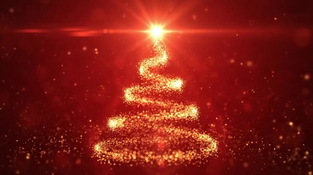 A radiant glowing golden light forms a gorgeous Christmas tree against a deep red background making a perfect festive and elegant card