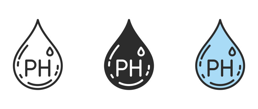 PH Scale Drop Icons. Three stylized water drop icons, each labeled with PH, represent different levels of acidity or alkalinity in a minimalist graphic design.